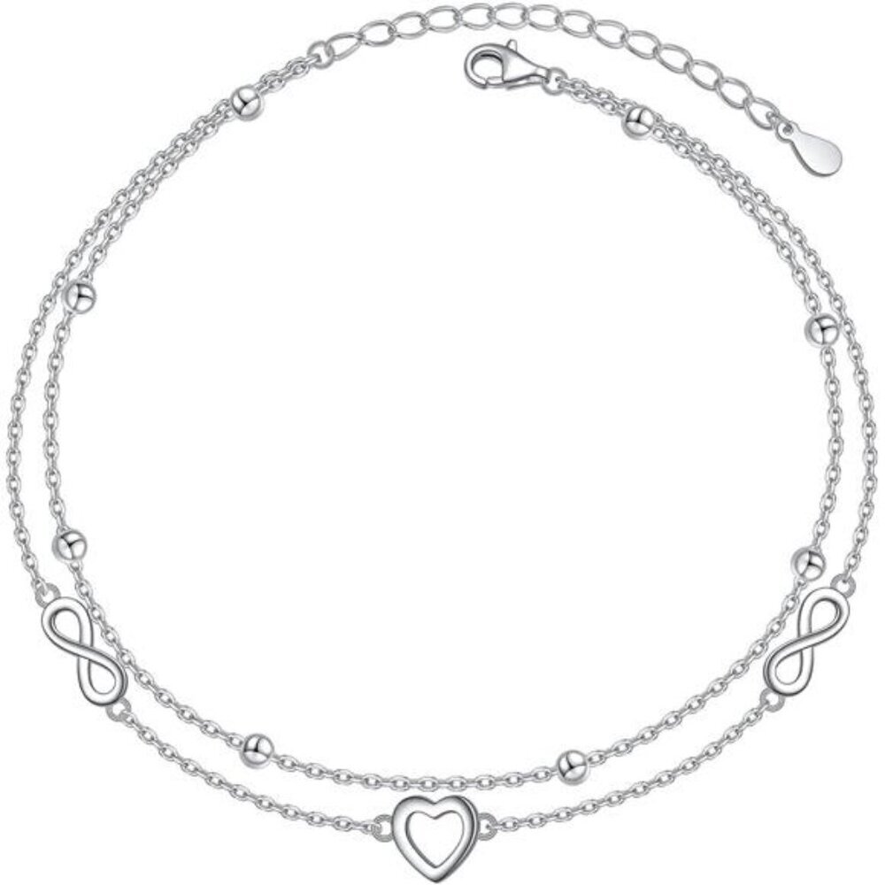 Sterling Silver Heart Infinity Anklet Adjustable Layered Beach Jewelry Women